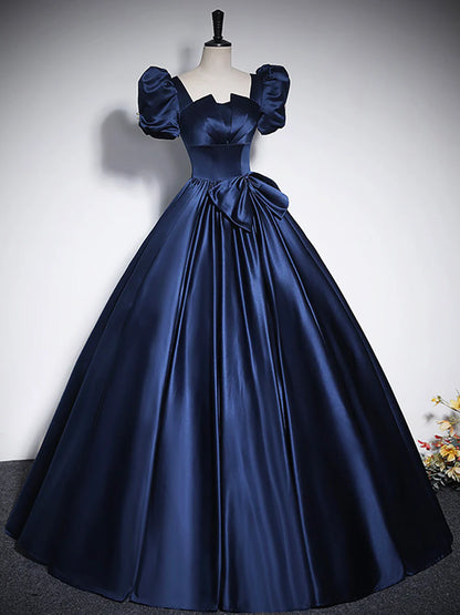 Elegant Blue Satin Floor-Length Prom Dresses, Square Neckline Puffy Short Sleeve Bow Formal Dresses  TP291