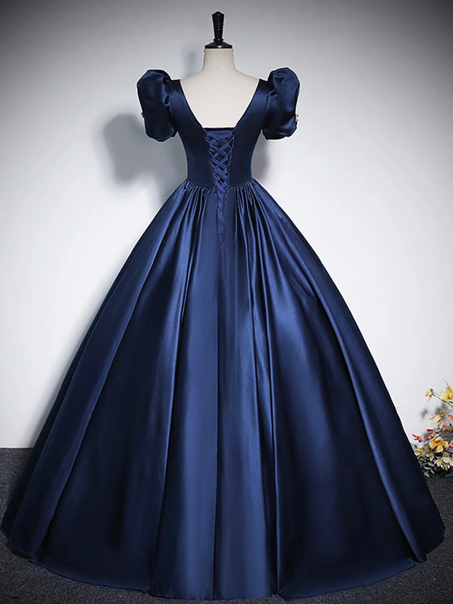 Elegant Blue Satin Floor-Length Prom Dresses, Square Neckline Puffy Short Sleeve Bow Formal Dresses  TP291
