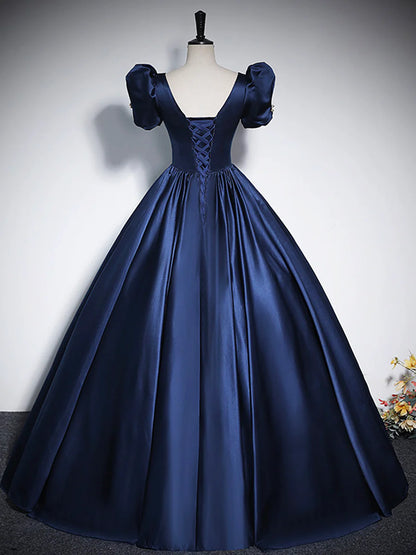 Elegant Blue Satin Floor-Length Prom Dresses, Square Neckline Puffy Short Sleeve Bow Formal Dresses  TP291