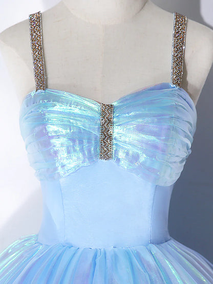 Beautiful Shiny Blue Tulle Long Formal Dress, A-Line Spaghetti Strap Sweetheart Princess Dress  TP292