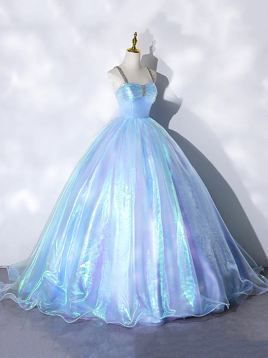 Beautiful Shiny Blue Tulle Long Formal Dress, A-Line Spaghetti Strap Sweetheart Princess Dress  TP292