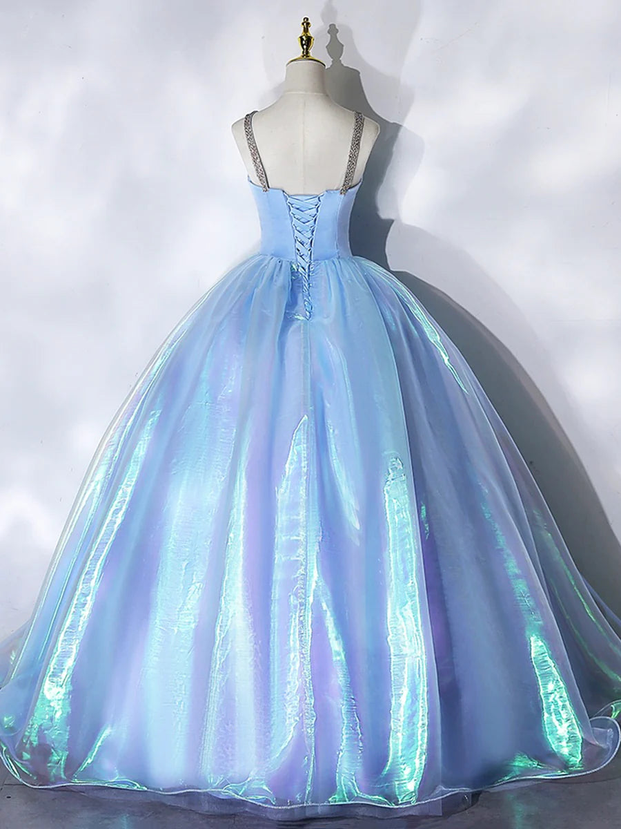 Beautiful Shiny Blue Tulle Long Formal Dress, A-Line Spaghetti Strap Sweetheart Princess Dress  TP292