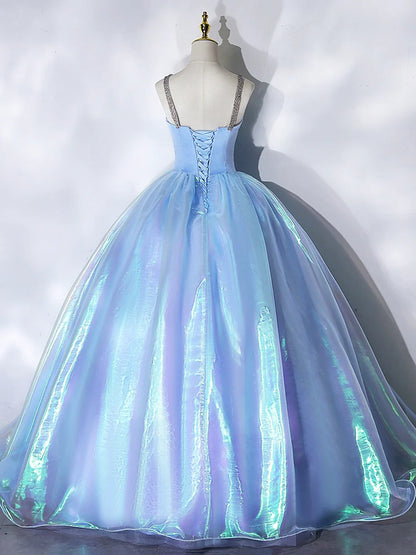 Beautiful Shiny Blue Tulle Long Formal Dress, A-Line Spaghetti Strap Sweetheart Princess Dress  TP292