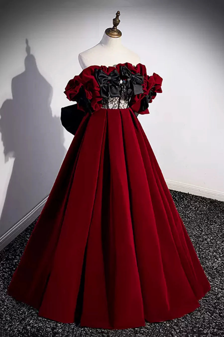 Burgundy Velvet Long Prom Dress, Off the Shoulder A-Line Evening Dress  TP295