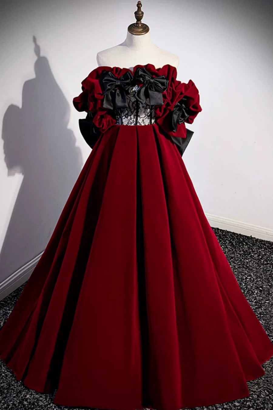 Burgundy Velvet Long Prom Dress, Off the Shoulder A-Line Evening Dress  TP295