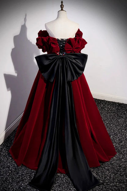 Burgundy Velvet Long Prom Dress, Off the Shoulder A-Line Evening Dress  TP295