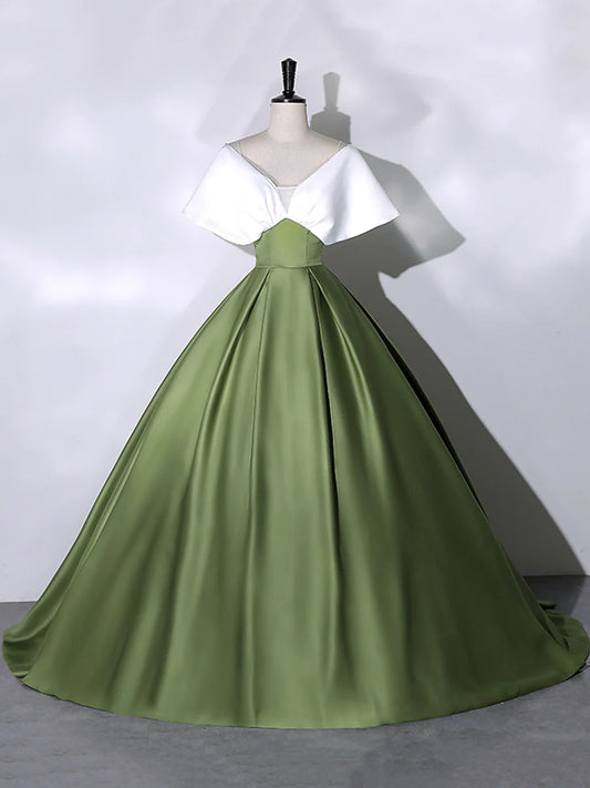 White+Green Satin Floor Length Prom Dress, V-Neck Off the Shoulder Evening Dress  TP296