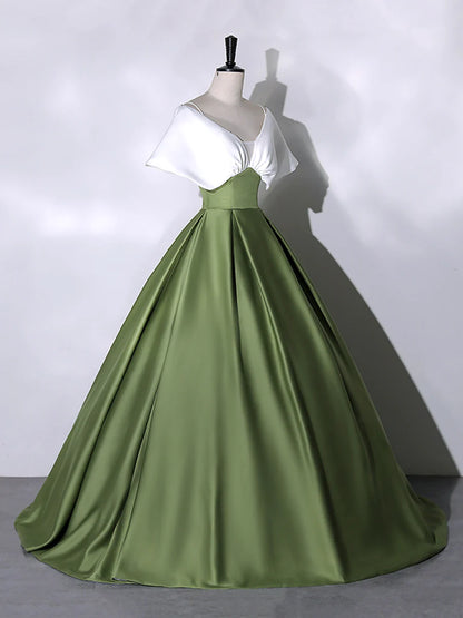 White+Green Satin Floor Length Prom Dress, V-Neck Off the Shoulder Evening Dress  TP296