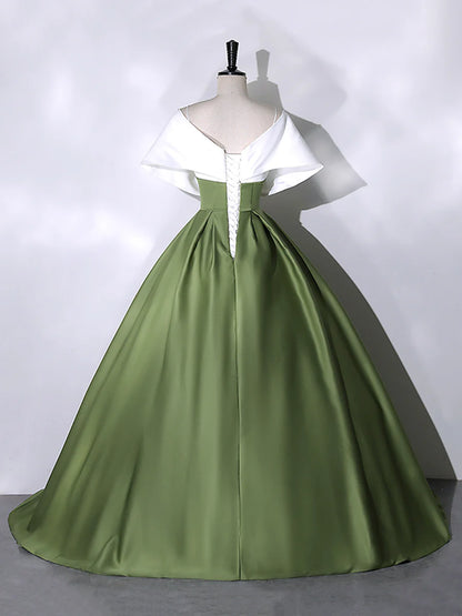 White+Green Satin Floor Length Prom Dress, V-Neck Off the Shoulder Evening Dress  TP296