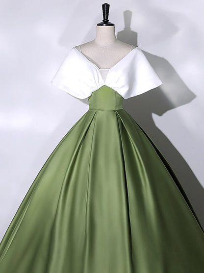 White+Green Satin Floor Length Prom Dress, V-Neck Off the Shoulder Evening Dress  TP296