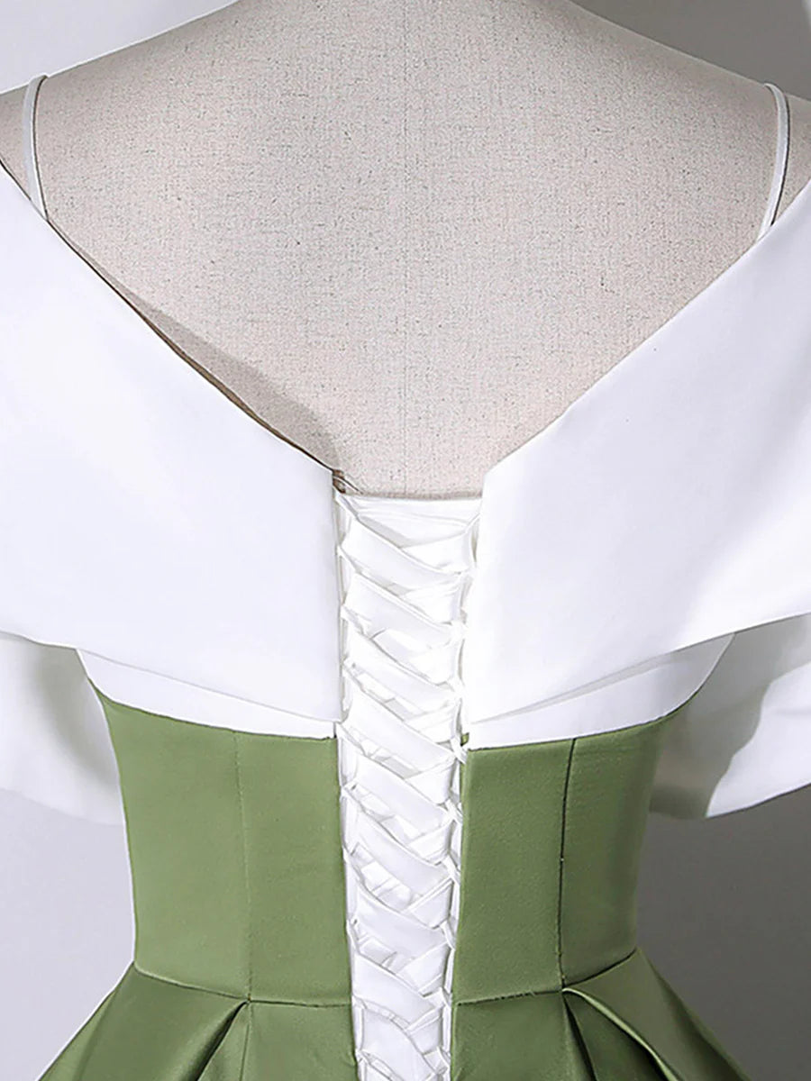 White+Green Satin Floor Length Prom Dress, V-Neck Off the Shoulder Evening Dress  TP296