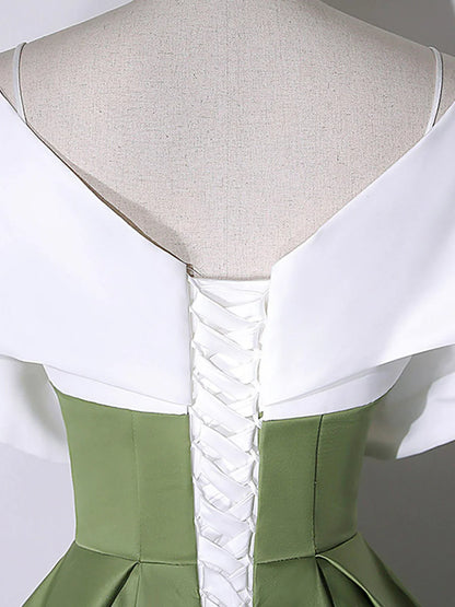 White+Green Satin Floor Length Prom Dress, V-Neck Off the Shoulder Evening Dress  TP296