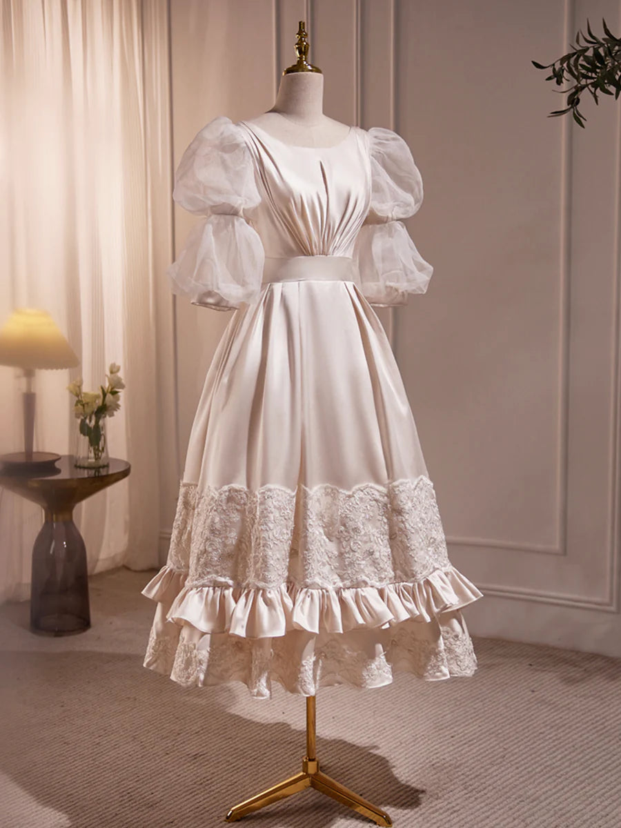 Beautiful Scoop Neck Tea Length Prom Dress, A-Line Puffy Short Sleeve Backless Party Dress  TP299