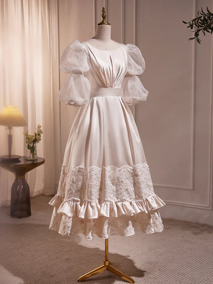 Beautiful Scoop Neck Tea Length Prom Dress, A-Line Puffy Short Sleeve Backless Party Dress  TP299