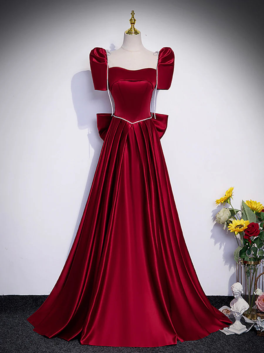Beautiful Satin Floor Length Prom Dress with Bowknot, Burgundy Short Sleeve Evening Dress  TP304