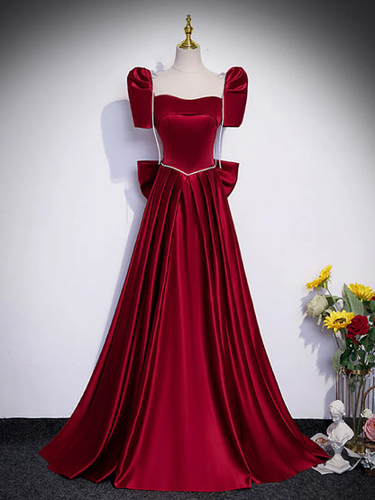 Beautiful Satin Floor Length Prom Dress with Bowknot, Burgundy Short Sleeve Evening Dress  TP304