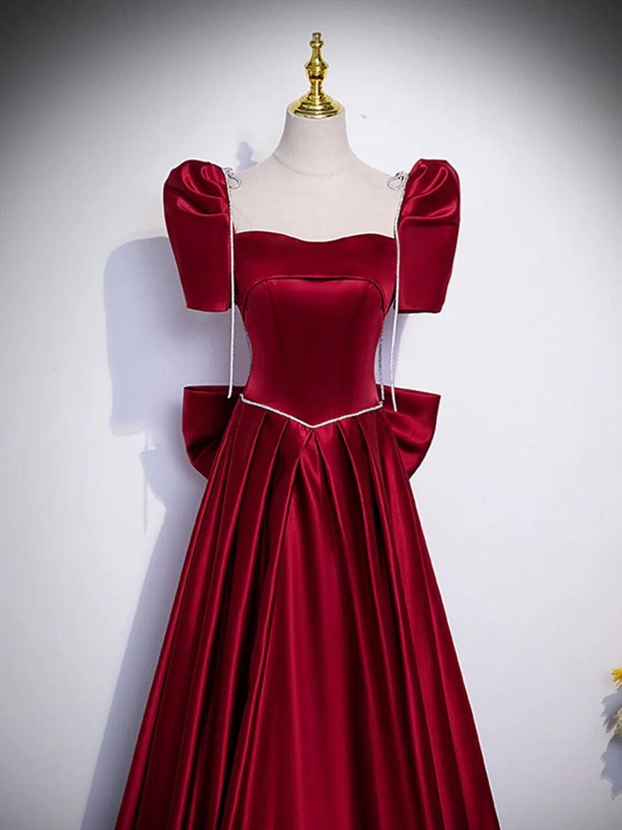 Beautiful Satin Floor Length Prom Dress with Bowknot, Burgundy Short Sleeve Evening Dress  TP304