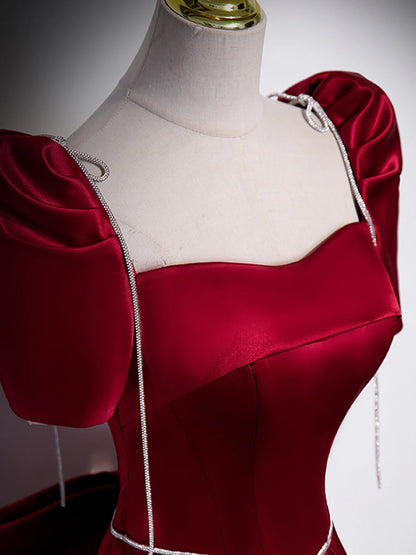 Beautiful Satin Floor Length Prom Dress with Bowknot, Burgundy Short Sleeve Evening Dress  TP304