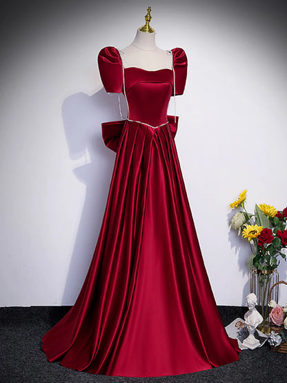 Beautiful Satin Floor Length Prom Dress with Bowknot, Burgundy Short Sleeve Evening Dress  TP304
