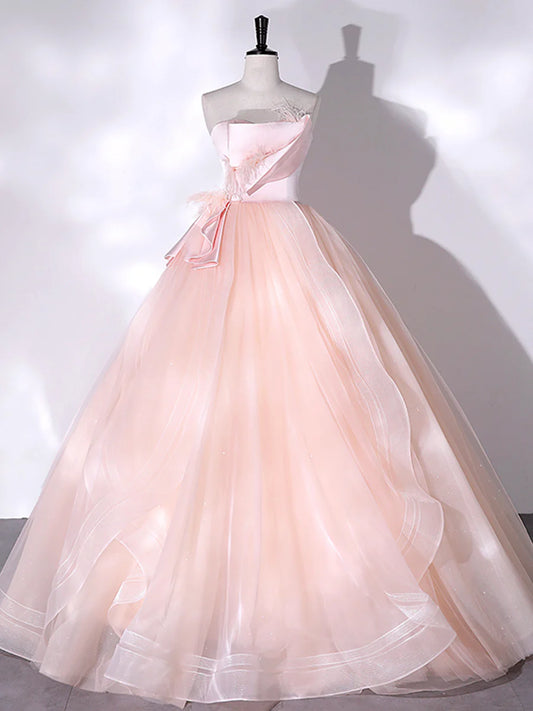 Pink Strapless Tulle Long Formal Dress, Pink A-line Prom Dress with Feathers  TP306