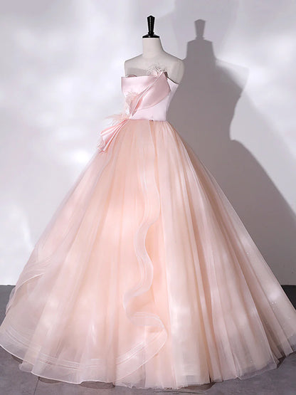 Pink Strapless Tulle Long Formal Dress, Pink A-line Prom Dress with Feathers  TP306