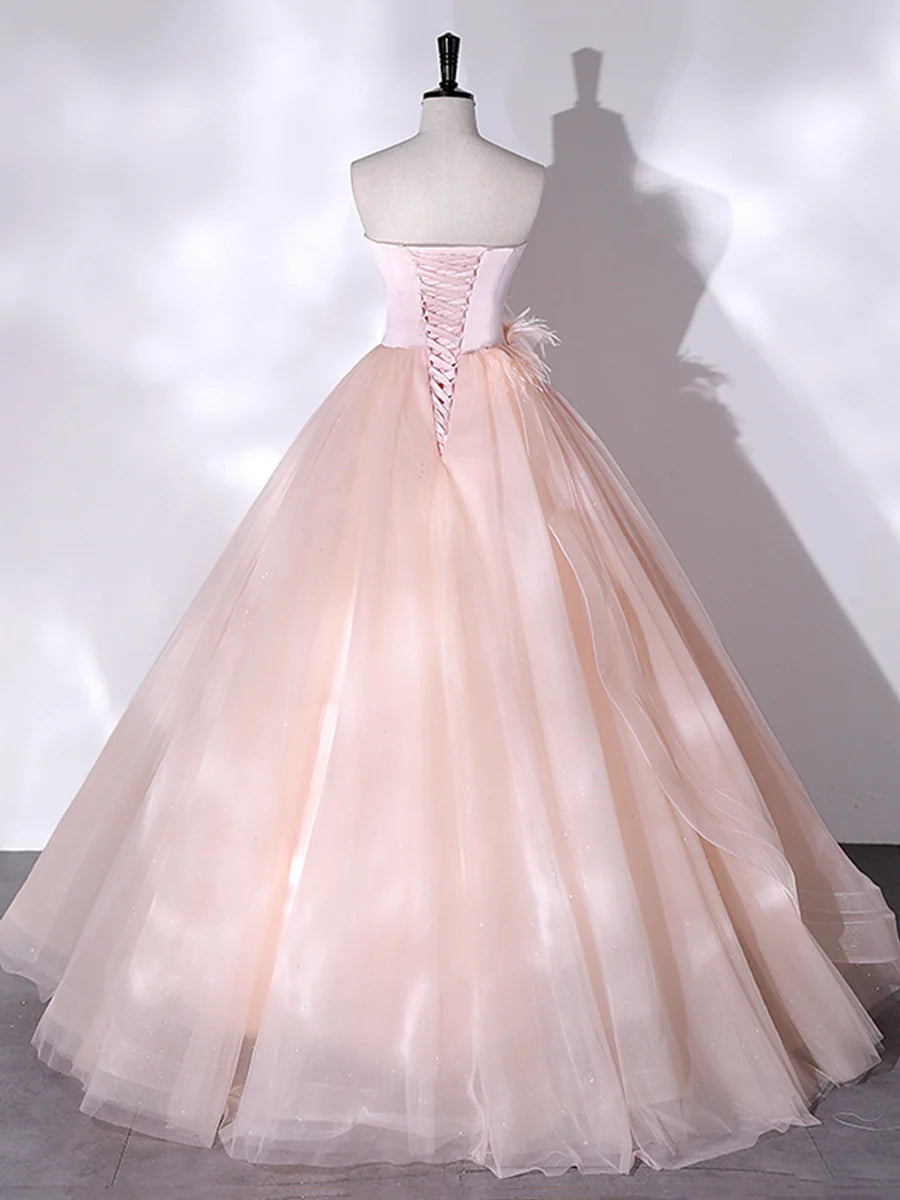 Pink Strapless Tulle Long Formal Dress, Pink A-line Prom Dress with Feathers  TP306