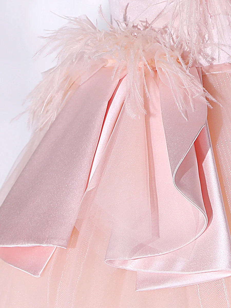 Pink Strapless Tulle Long Formal Dress, Pink A-line Prom Dress with Feathers  TP306