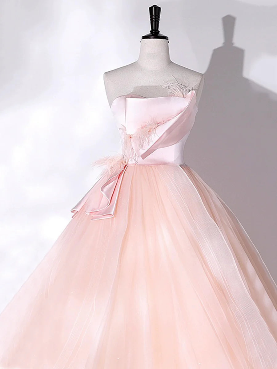 Pink Strapless Tulle Long Formal Dress, Pink A-line Prom Dress with Feathers  TP306