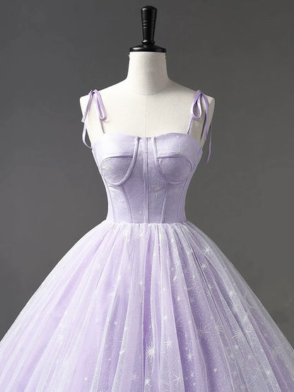 Light Purple Tulle Straps Long Prom Dress, Purple A-Line Princess Dress  TP307