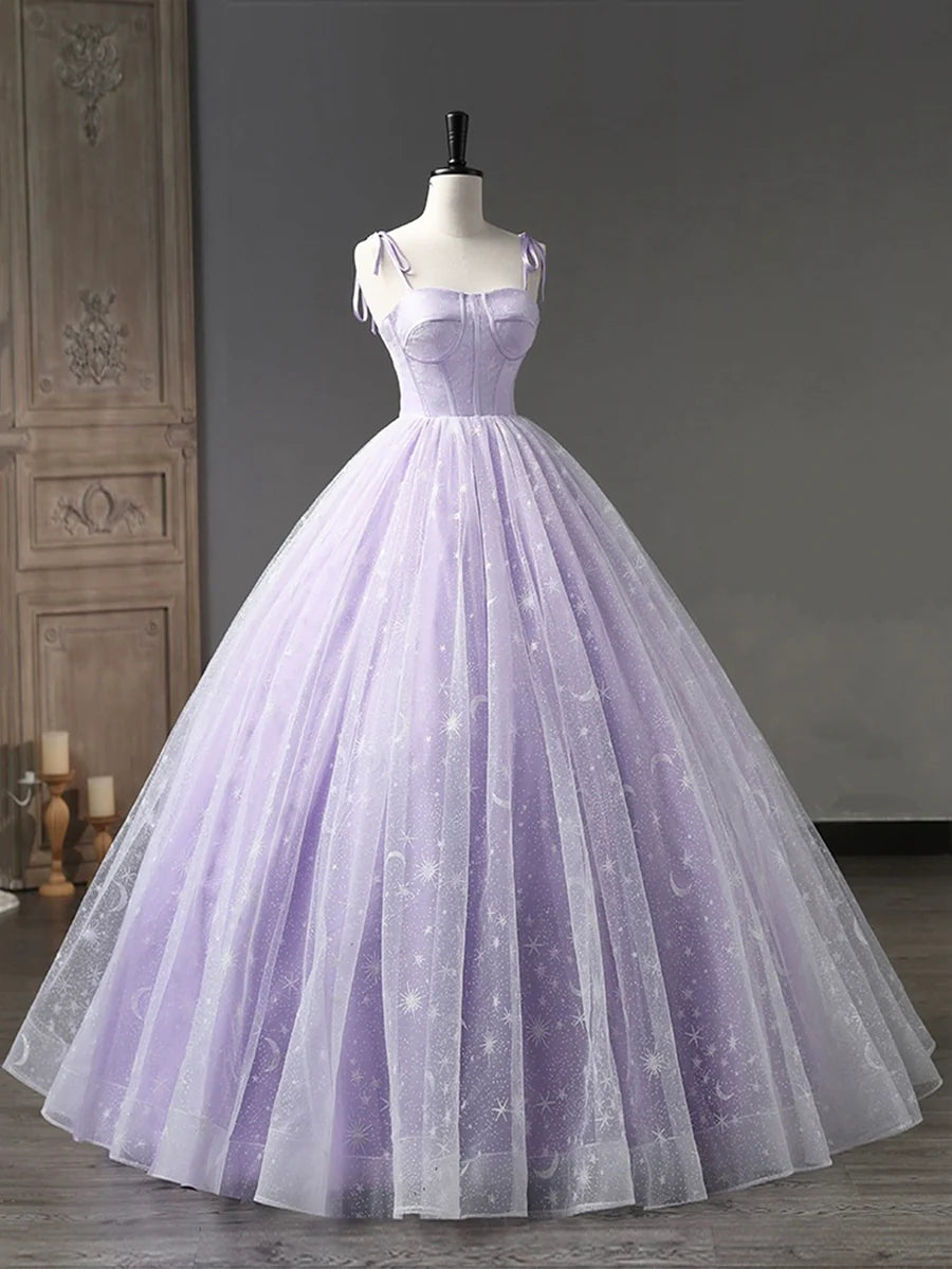 Light Purple Tulle Straps Long Prom Dress, Purple A-Line Princess Dress  TP307