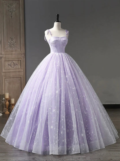 Light Purple Tulle Straps Long Prom Dress, Purple A-Line Princess Dress  TP307