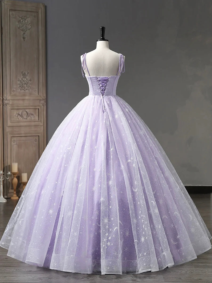 Light Purple Tulle Straps Long Prom Dress, Purple A-Line Princess Dress  TP307