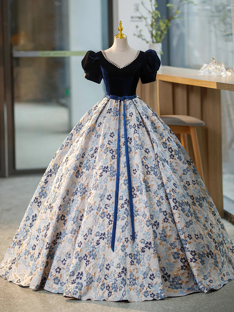 Blue V-Neck Short Sleeve Ball Gown, Blue A-Line Velvet Floor Length Evening Dress  TP308