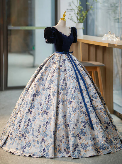 Blue V-Neck Short Sleeve Ball Gown, Blue A-Line Velvet Floor Length Evening Dress  TP308