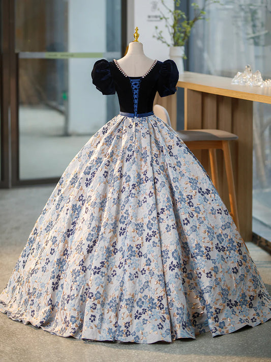 Blue V-Neck Short Sleeve Ball Gown, Blue A-Line Velvet Floor Length Evening Dress  TP308