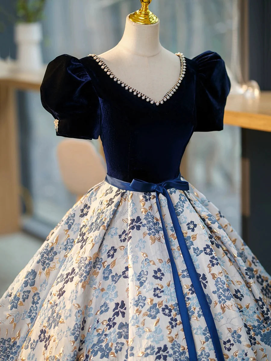 Blue V-Neck Short Sleeve Ball Gown, Blue A-Line Velvet Floor Length Evening Dress  TP308