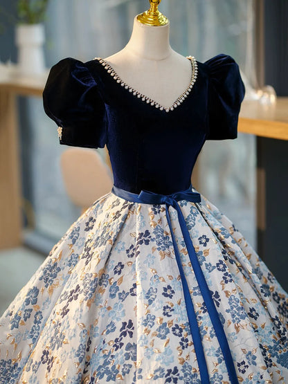 Blue V-Neck Short Sleeve Ball Gown, Blue A-Line Velvet Floor Length Evening Dress  TP308