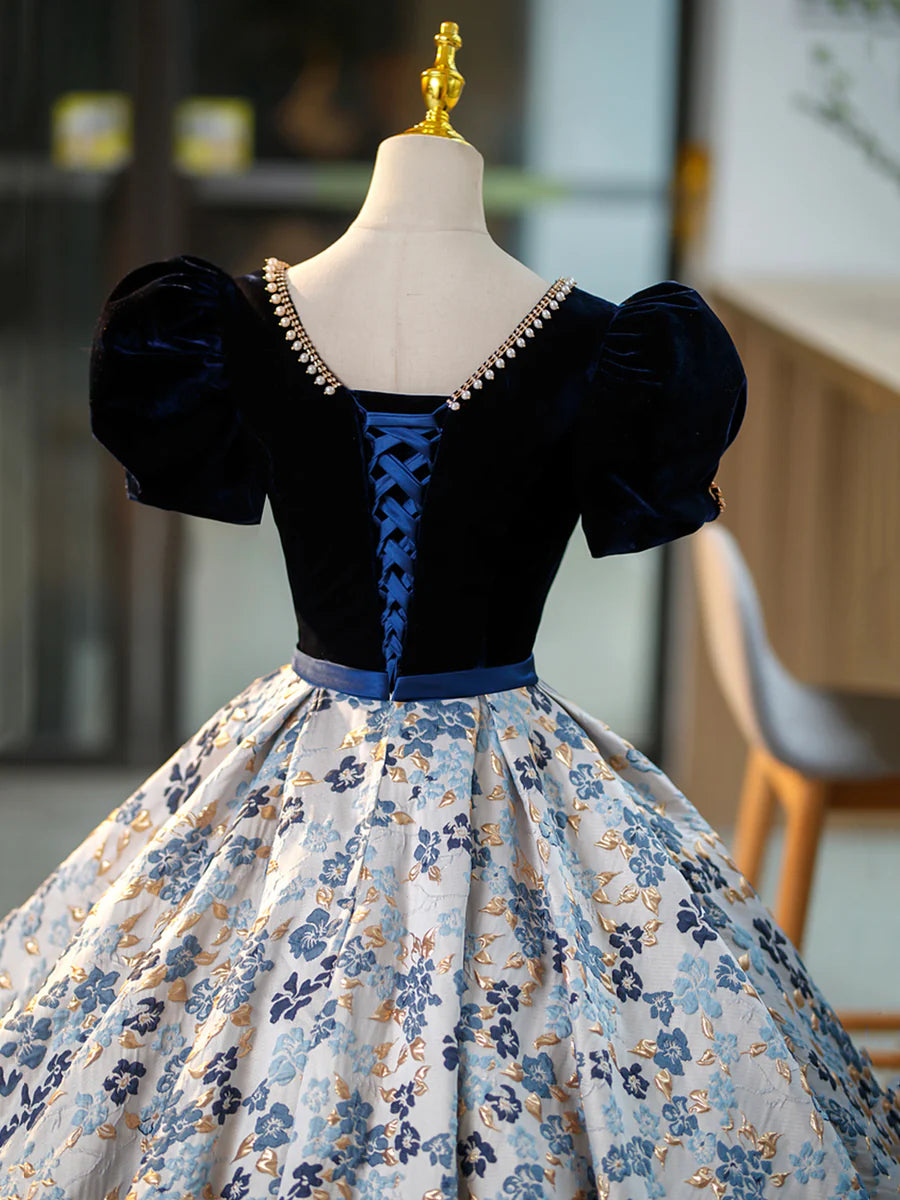 Blue V-Neck Short Sleeve Ball Gown, Blue A-Line Velvet Floor Length Evening Dress  TP308