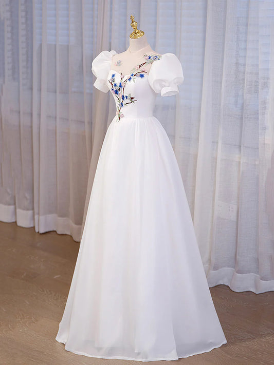 Elegant White Tulle Appliques Long Prom Dress, White High Neck A-Line Evening Dress  TP309