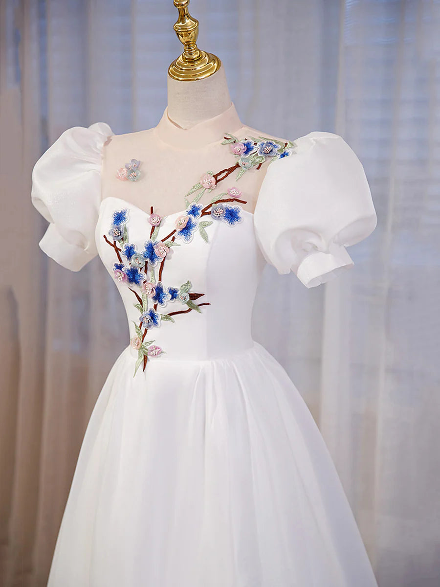 Elegant White Tulle Appliques Long Prom Dress, White High Neck A-Line Evening Dress  TP309
