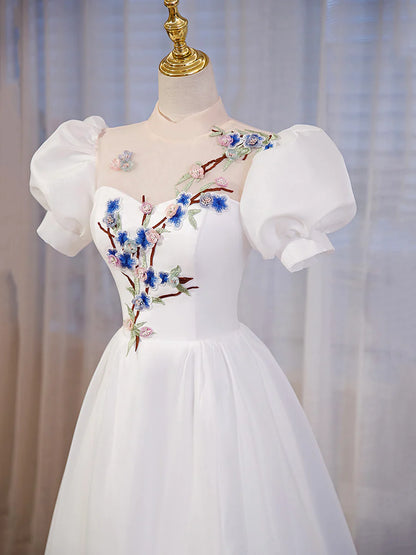 Elegant White Tulle Appliques Long Prom Dress, White High Neck A-Line Evening Dress  TP309