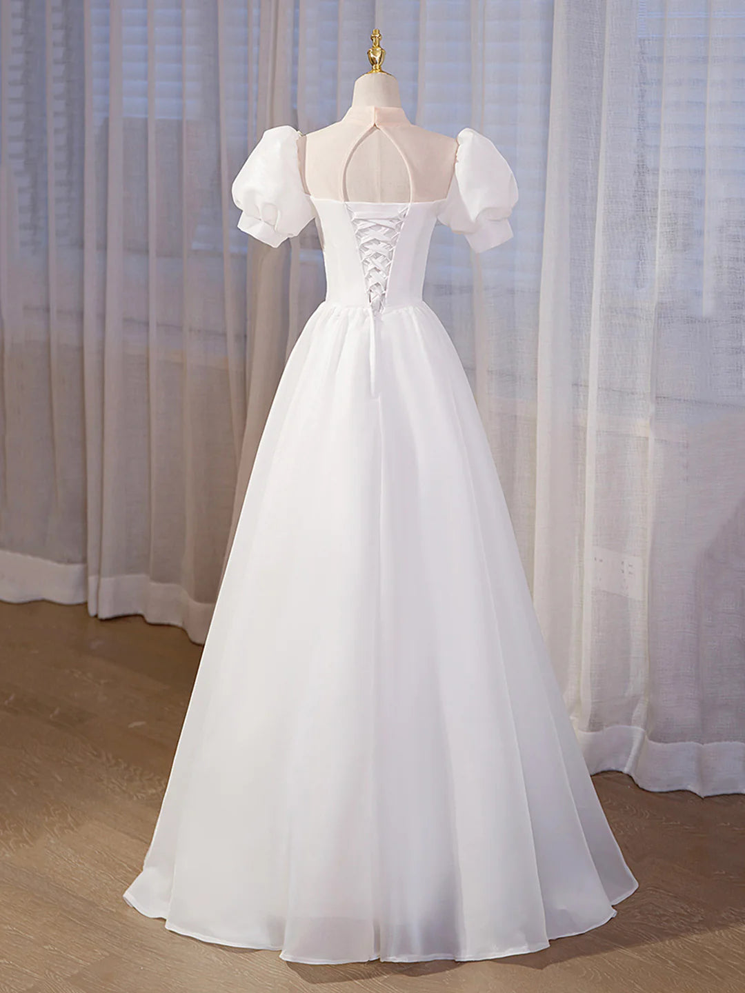 Elegant White Tulle Appliques Long Prom Dress, White High Neck A-Line Evening Dress  TP309