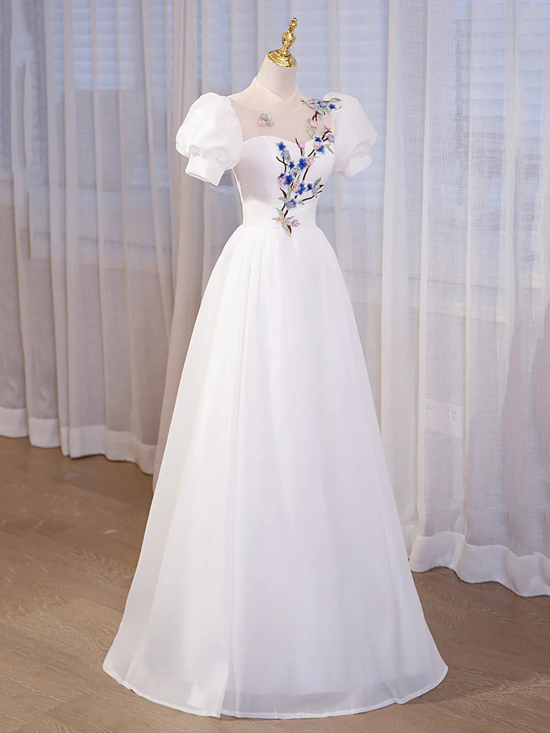 Elegant White Tulle Appliques Long Prom Dress, White High Neck A-Line Evening Dress  TP309