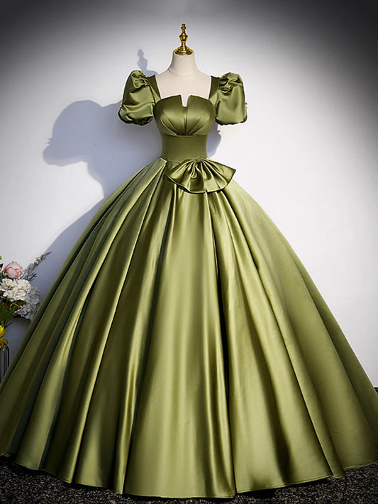 Green Satin Short Sleeve Floor Length Formal Dress, Green A-Line Prom Dress  TP310