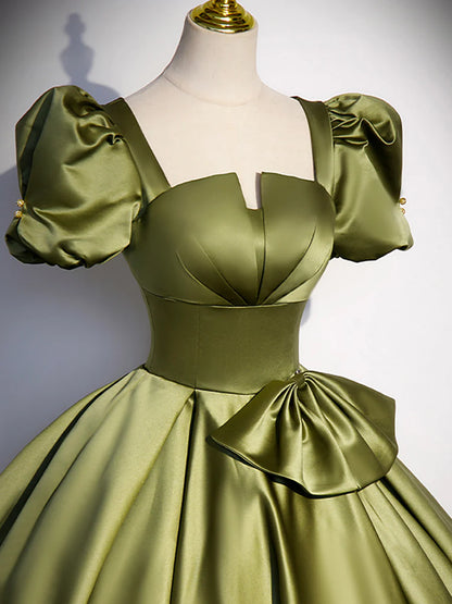 Green Satin Short Sleeve Floor Length Formal Dress, Green A-Line Prom Dress  TP310