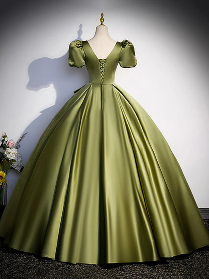Green Satin Short Sleeve Floor Length Formal Dress, Green A-Line Prom Dress  TP310