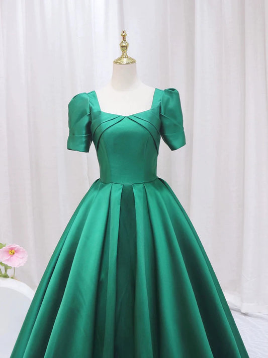 Green Satin Floor Length Prom Dress, Green Short Sleeve Evening Dress  TP311