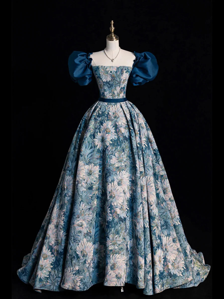 Blue Printed Long Ball Gown, Elegant A-Line Short Sleeve Evening Dress  TP312