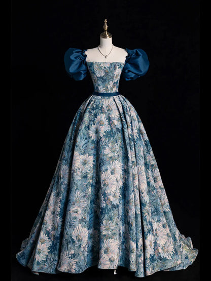 Blue Printed Long Ball Gown, Elegant A-Line Short Sleeve Evening Dress  TP312