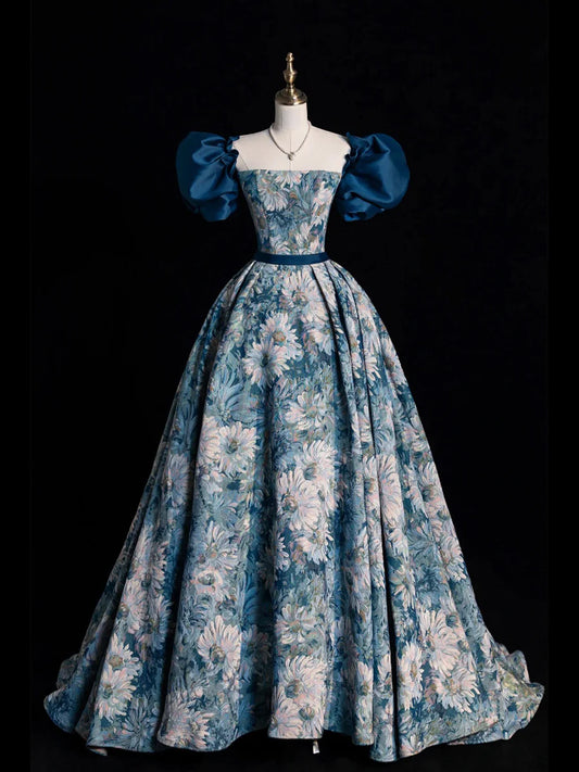 Blue Printed Long Ball Gown, Elegant A-Line Short Sleeve Evening Dress  TP312
